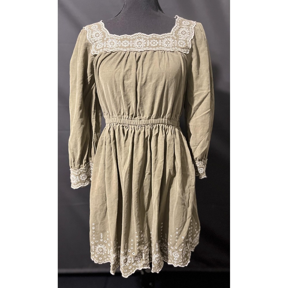 Madewell Dress Womens Small‎ Olive Green Embroidered Eyelet Corduroy Long Sleeve